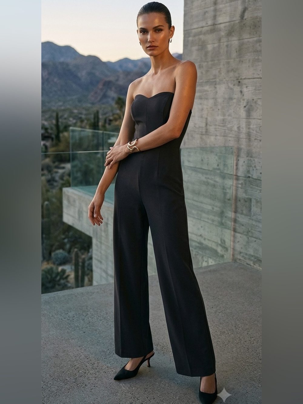 Sleek & Professional: Open Edit Black Strapless Wide Leg Jumpsuit - Size XS